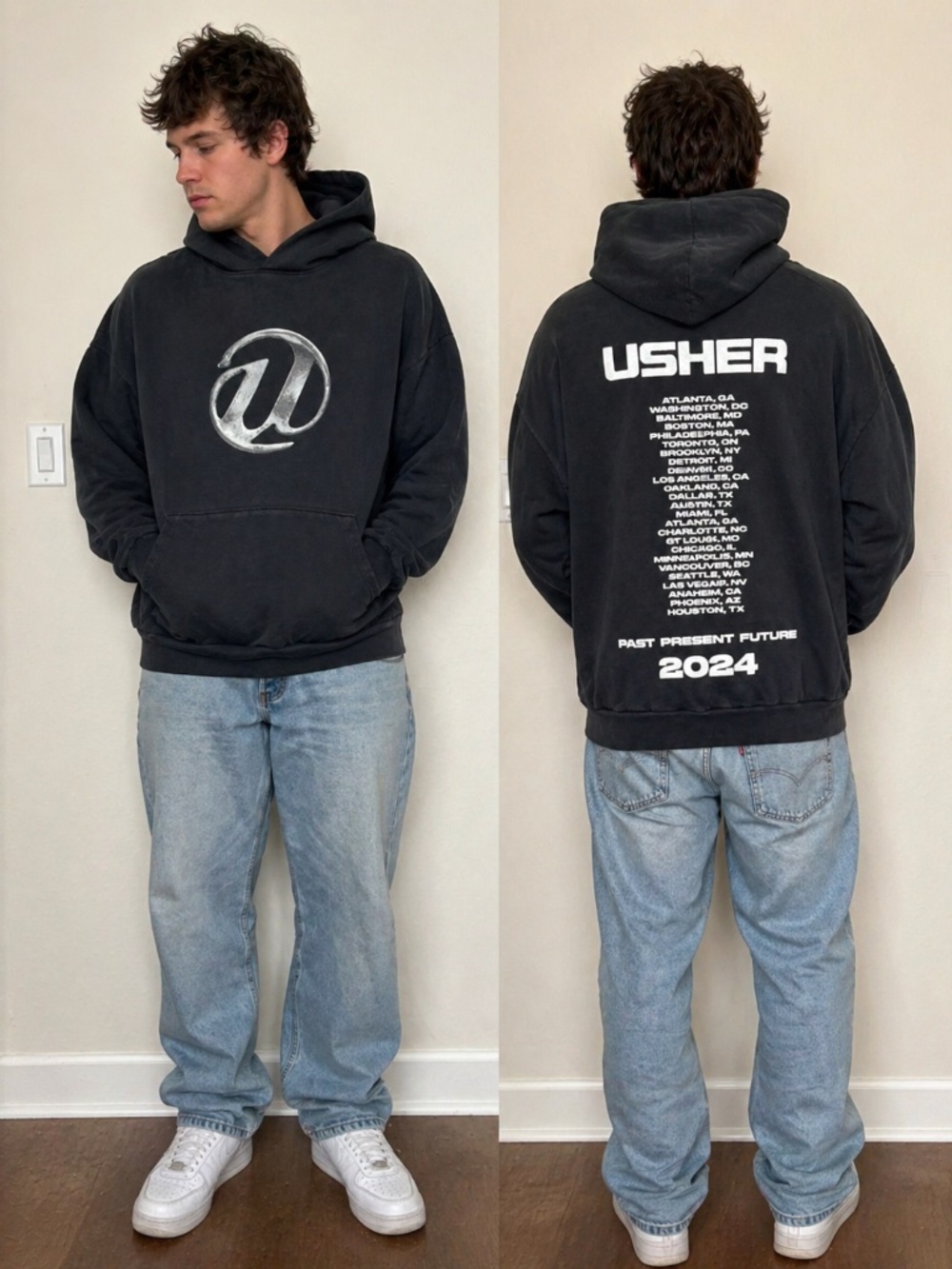 Usher 2024 Tour Hoodie Men’s Large Black Heavyweight Concert Merch Graphic